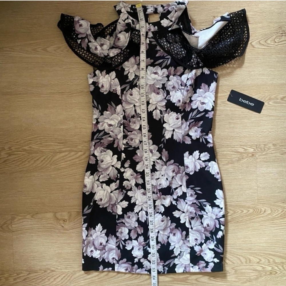Bebe 8 Black & Pink Floral Mini cocktail dress Cold Shoulder Ruffle - Picture 12 of 16